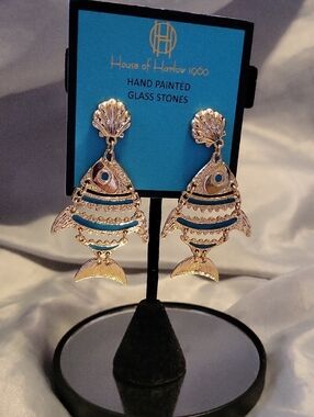 House of Harlow 1960 Gold & Turquoise Fish Dangle Earrings Brand New Te